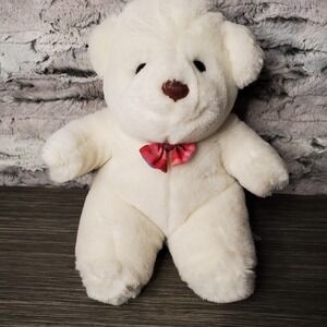 Caltoy Softsheen Bradley BEAR White Stuffed Animal Plush With Pink Plaid Bow Tie